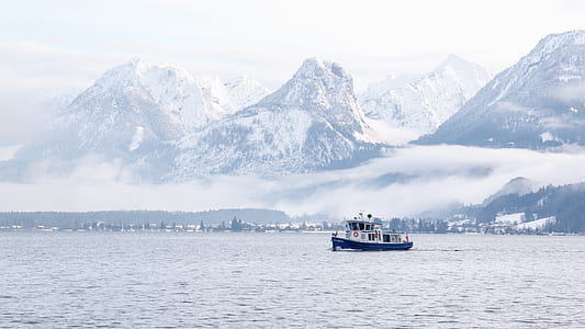 white and blue boat at sea thumbnail