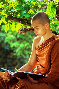 man in brown kasaya reading book under tree at daytime thumbnail