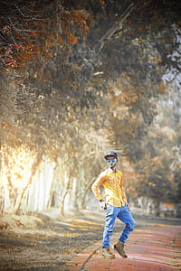 Men's Yellow Dress Shirt And Blue Denim Jeans thumbnail