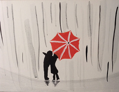 man and woman under red umbrella painting thumbnail