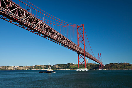 Wide-angle shot of the suspension bridge in Lisbon, Portugal thumbnail