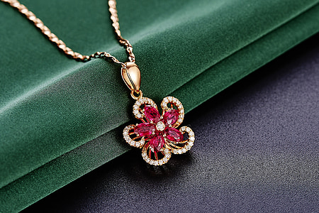 gold-colored red gemstone flower pendant necklace thumbnail