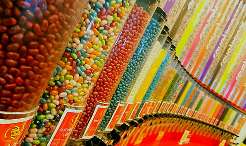 view of assorted-color jelly beans inside dispensers thumbnail