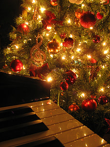 close-up photo of green Christmas tree with red baubles and string lights thumbnail