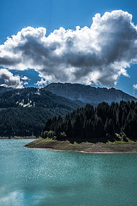 green trees on island under cloudy sky thumbnail