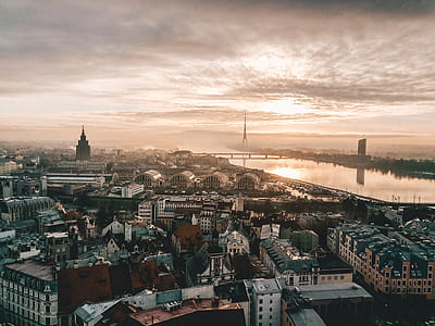 aerial photo of a city during sunset thumbnail