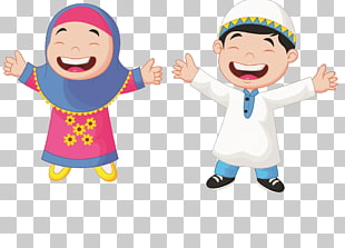 Muslim Cartoon Child Illustration, Muslim students, boy and girl raising hands PNG clipart