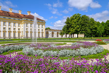 in distant photo of white building with garden in front thumbnail