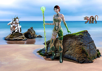 female and male anime characters standing on coastal rocks at shoreline at daytime thumbnail