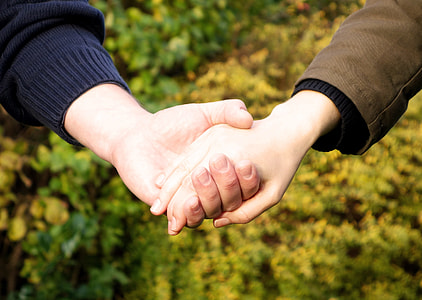 selective focus photography of two person's holding hands wearing brown and black long sleeve tops with yellow petaled flowers as a background thumbnail