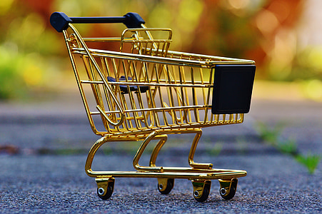 selective photo of copper and blue shopping cart on gray concrete pavement thumbnail
