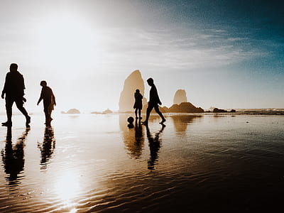 four person walking on body of water near stone thumbnail