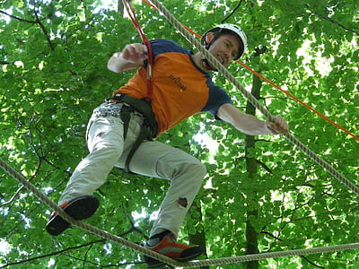 selective focus photo of a man wearing safety harness walking on rope surrounded by trees during daytime thumbnail