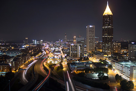 Cityscape with night lights with roads and skyscrapers in Atlanta, Georgia thumbnail