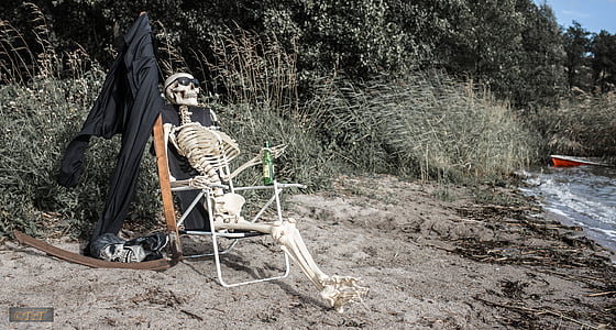 skeleton on lounge chair near body of water thumbnail