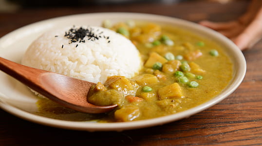 Cooked Rice and Curry Food Served on White Plate thumbnail