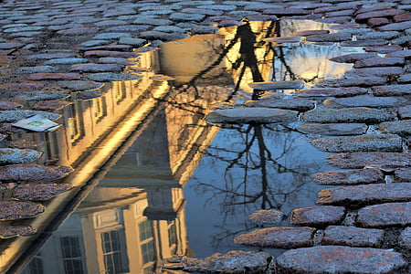 macro photography of brown concrete building reflecting on body of water during daytime thumbnail