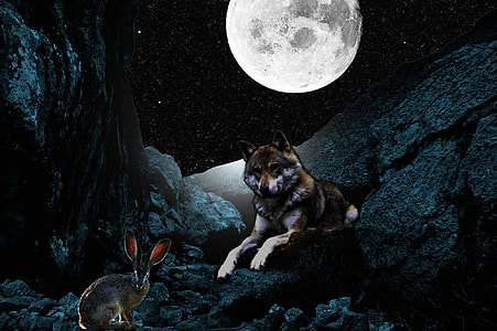 brown wolf lying beside rodent on rock formation under full moon thumbnail