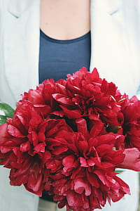person holding red peonies bouquet thumbnail