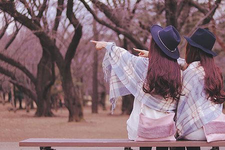 two woman sitting on bench while pointing photo thumbnail