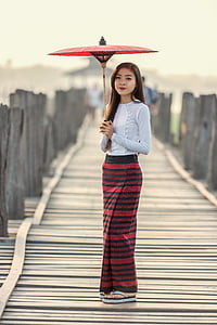 shallow focus photo of woman holding red umbrella thumbnail