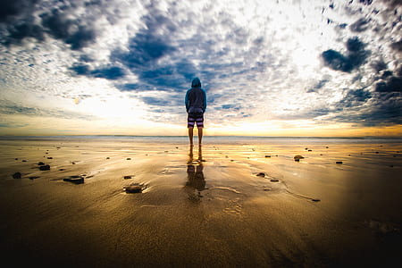 person wearing blue hoodie standing on seashore thumbnail