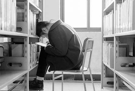 greyscale photo of woman writing and sitting on writing chair in library thumbnail