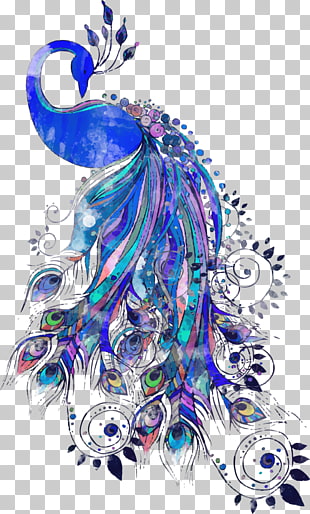 Peafowl Drawing Feather Illustration, blue peacock, blue, pink, and green peacock illustration PNG clipart