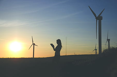 Silhouette Of Woman Holding Book Near Windmills thumbnail
