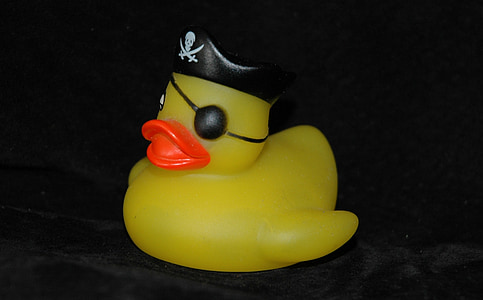 yellow plastic duck toy wearing pirate cap on black surface thumbnail