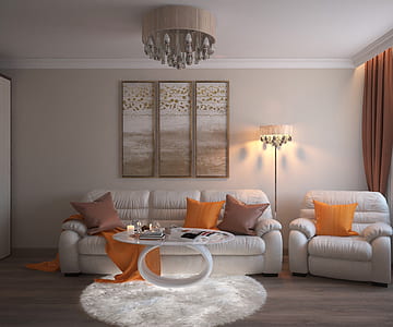 turned floor lamp between sofa thumbnail