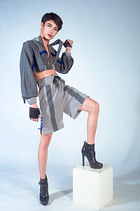 Man In Grey Long-sleeved Crop Top Wearing Black Leather Heeled Booties thumbnail