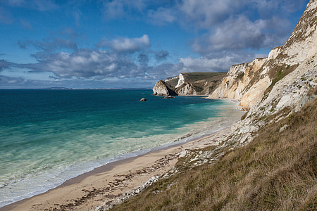 Wide-angle landscape shot of the white cliffs on the Jurassic Coast in Dorset, England thumbnail