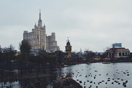 gray concrete building near lake at daytime thumbnail