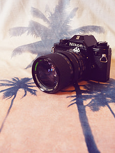 black Nikon camera on white and black palm trees graphic sheet thumbnail