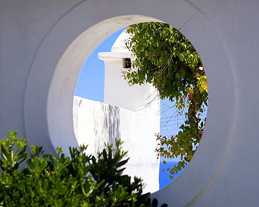 green leaf trees viewed from round white concrete wall thumbnail