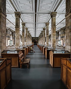 person sitting on wooden bench in side museum thumbnail