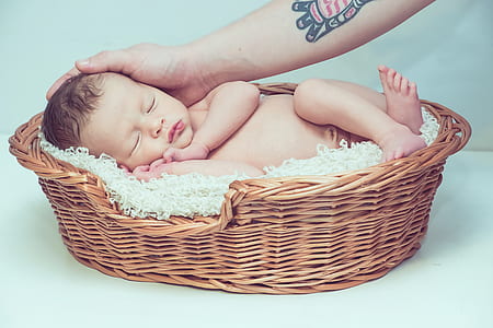 baby in brown wicker basket thumbnail