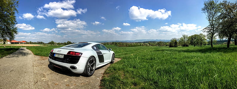 white and black coupe parked near green grass field thumbnail