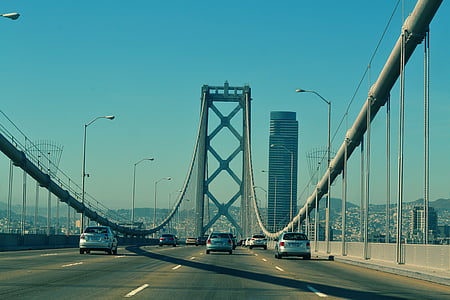 vehicle passing through suspension bridge under blue sky during daytime thumbnail