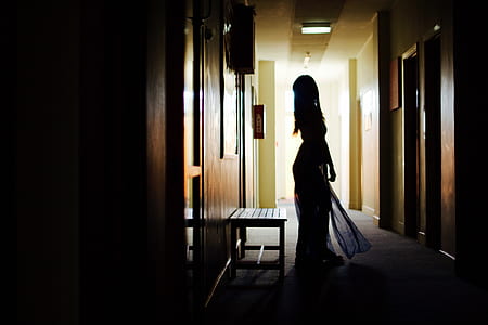 silhouette photography of woman wearing dress near chair thumbnail