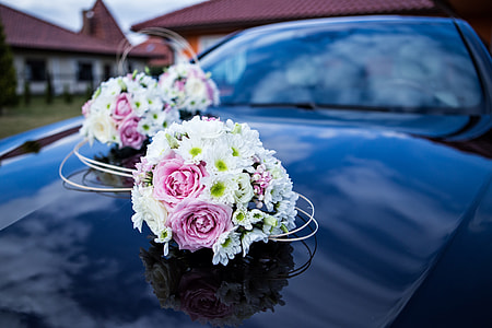white and pink flowers arrangements on blue car hood selective-focus photography thumbnail