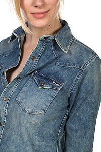 woman wearing blue denim button-up jacket thumbnail