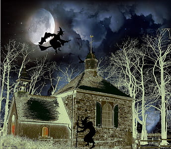 silhouette of witch above house at night time thumbnail