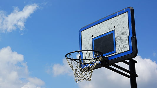 white, blue, and black metal portable basketball hoop thumbnail