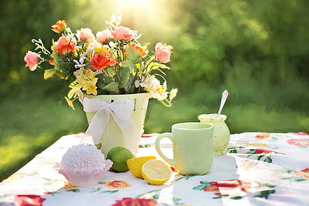 green mug and pink petaled flowers thumbnail