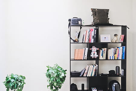 Books and Speakers on Black Wooden Shelf thumbnail