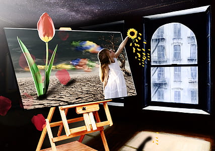 photo of girl on gray field on brown wooden easel inside room thumbnail