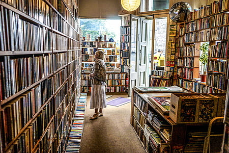 woman in skirt standing inside room surrounded with books thumbnail