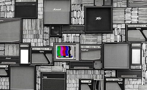 guitar amplifier and vintage TV grayscale poster thumbnail
